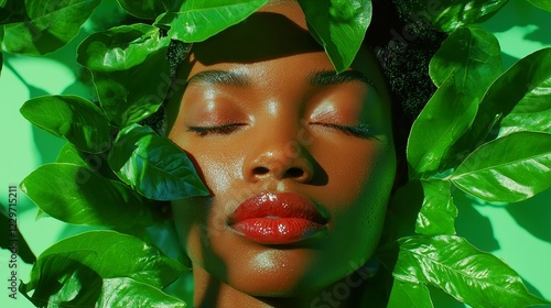 Lush Enchanted Retreat, a Black woman immersed in vibrant colors and whimsical foliage, exuding serenity and wonder in a captivating, dreamlike environment.