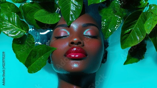 Enchanting Green Oasis, a Black woman immersed in vibrant colors and whimsical foliage, exuding serenity and joy in a lush, magical landscape.