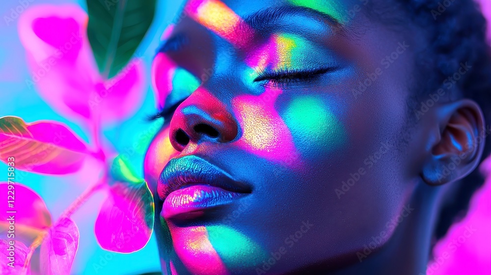 Mystical Flora Adventure, a Black woman exploring a luminous forest filled with vibrant, shifting rainbow patterns and enchanting, otherworldly plant life. Mystical Flora Adventure, a Black woman exploring a luminous forest filled with vibrant, shifting rainbow patterns and enchanting, otherworldly plant life.