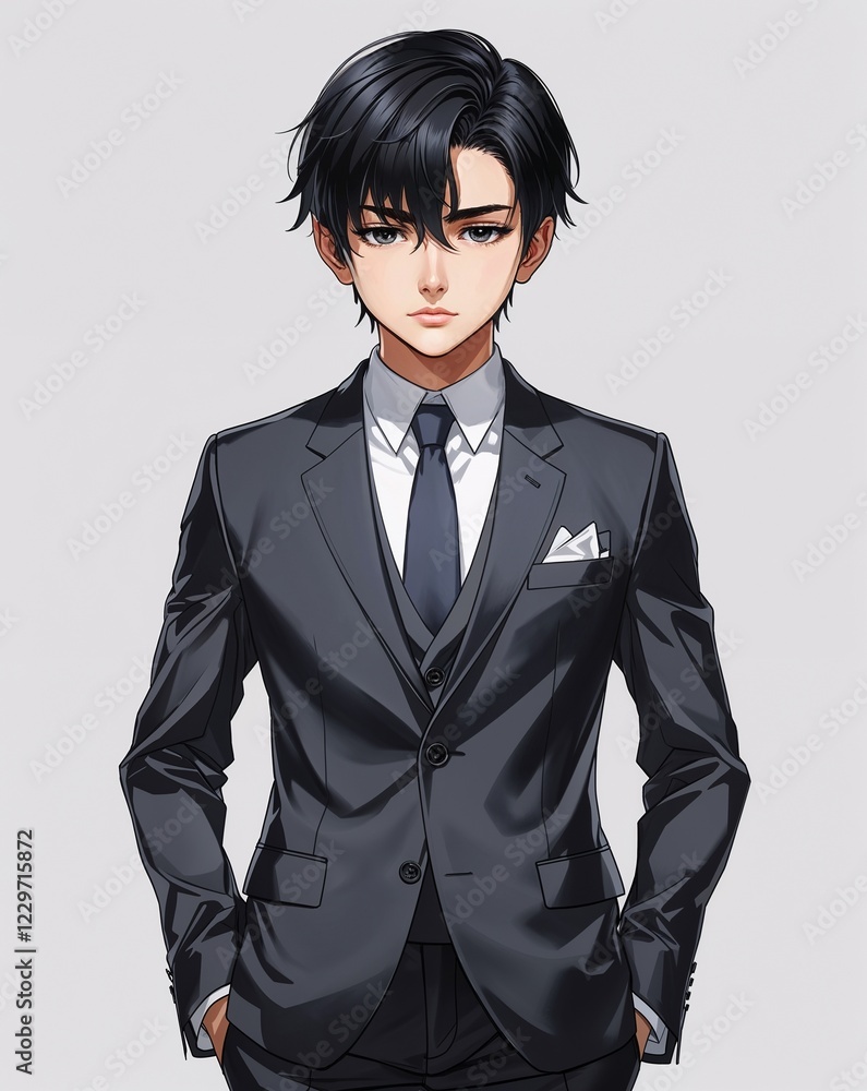 child male thoughtful short black hair formal suit anime style on plain white background child male thoughtful short black hair formal suit anime style on plain white background