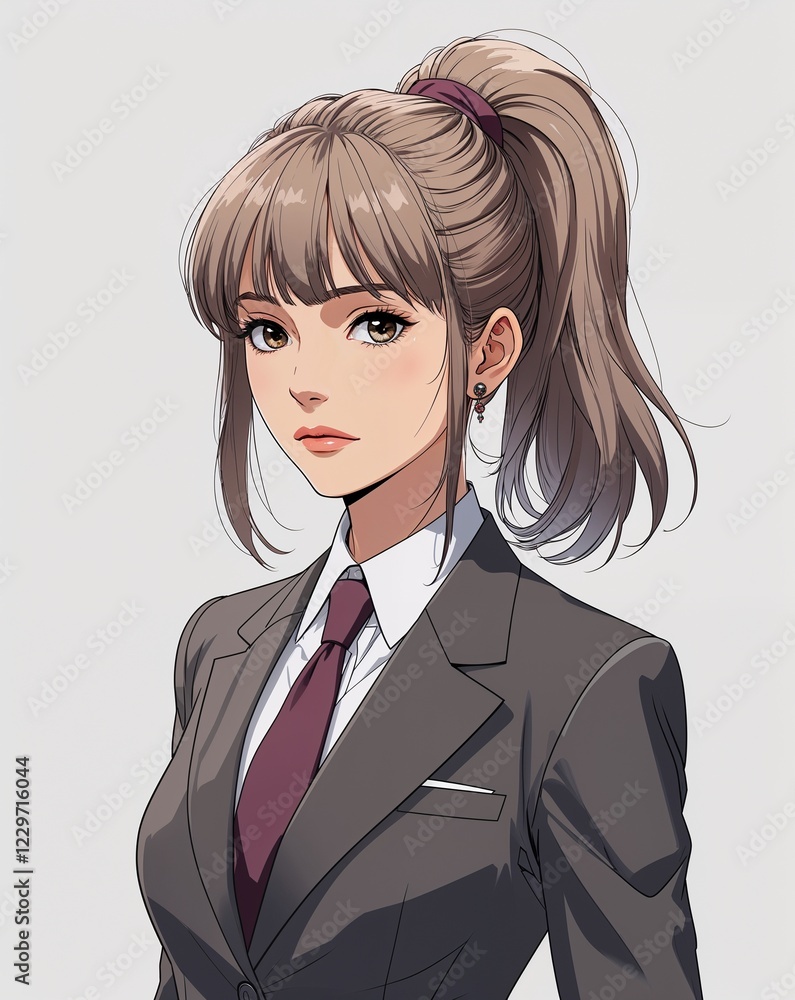 elderly female curious ponytail with bangs formal suit anime style on plain white background elderly female curious ponytail with bangs formal suit anime style on plain white background