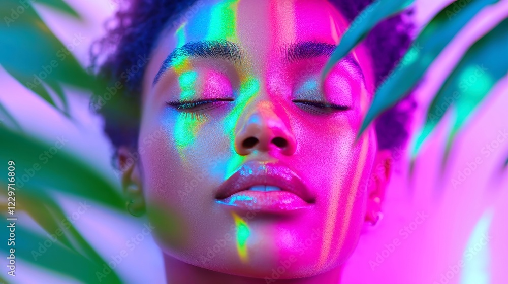 Mystical Spectrum Forest, a Black woman surrounded by vibrant, glowing patterns, lush plants, ethereal atmosphere, enchanting colors, serene environment, captivating beauty Mystical Spectrum Forest, a Black woman surrounded by vibrant, glowing patterns, lush plants, ethereal atmosphere, enchanting colors, serene environment, captivating beauty