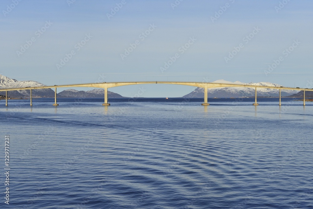 Sortland Bridge over wavy blue waters of Sortlandssundet strait, Sortland, Nordland, Vesteralen, Norway, Europe
