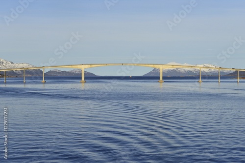 Obraz na płótnie Sortland Bridge over wavy blue waters of Sortlandssundet strait, Sortland, Nordland, Vesteralen, Norway, Europe w salonie