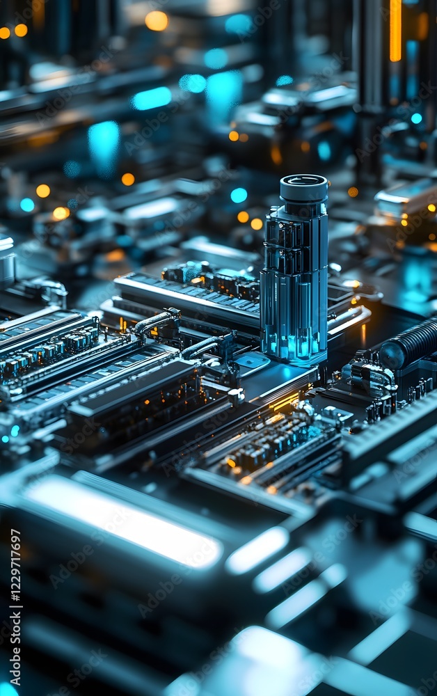 A close-up view of a vibrant, futuristic circuit board showcasing intricate details and glowing components. A close-up view of a vibrant, futuristic circuit board showcasing intricate details and glowing components.