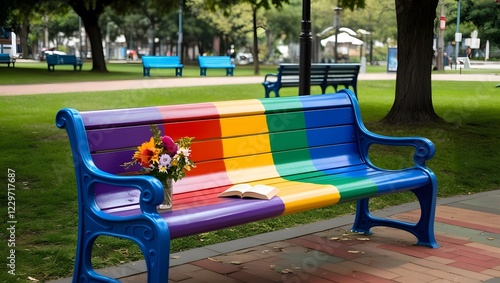 rainbow lgbt bench in park with flowers and book for use in serene or romantic compositions