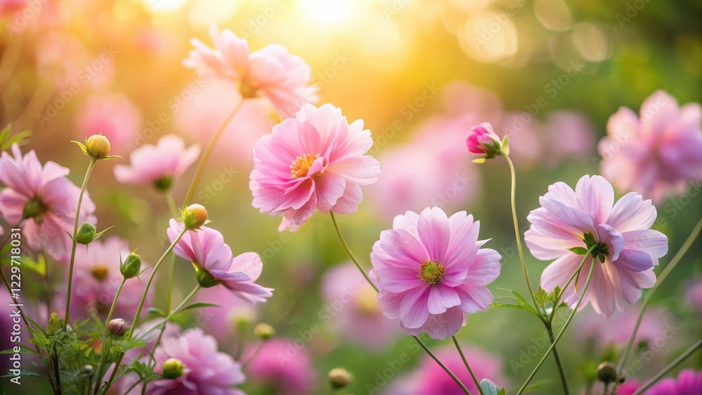 Soft pink flowers gently sway in the morning breeze, natural beauty Soft pink flowers gently sway in the morning breeze, natural beauty