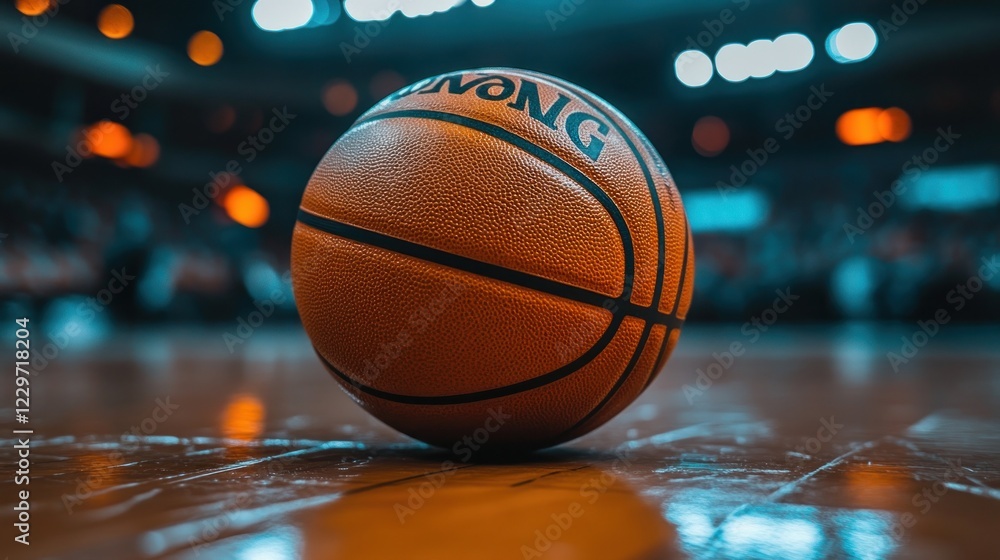 Close-up of basketball on court. (1) Close-up of basketball on court. (1)