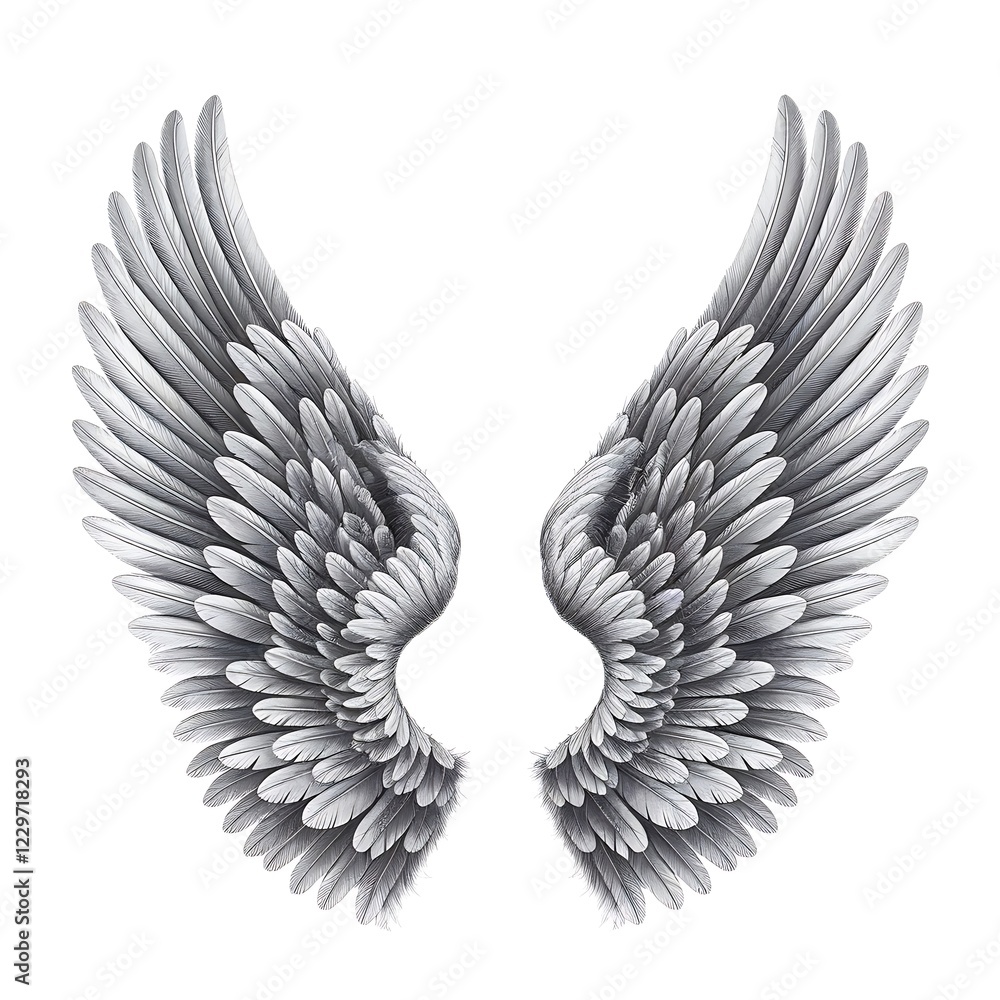 Fototapeta premium Black and White Realistic Angel Wings Vector with Layered Feathers, Symmetrical and Curved, Isolated on White Background