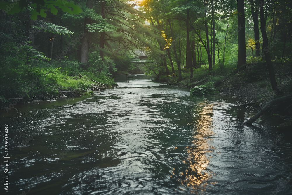 Fototapeta premium A river flowing through a dense forest.