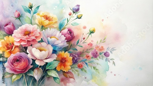 A vibrant watercolor painting of a lush bouquet featuring a diverse array of blossoms, showcasing a spectrum of colors and delicate petals, with a soft, painterly background