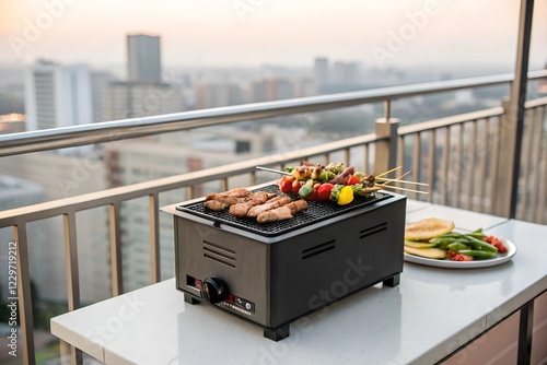 A small hibachi-style charcoal grill placed on a balcony table, surrounded by fresh ingredients, ready for an intimate grilling session.