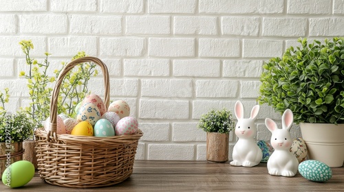 Colorful Easter eggs in a basket with decorative bunnies and plants on a wooden tabletop against a brick wall