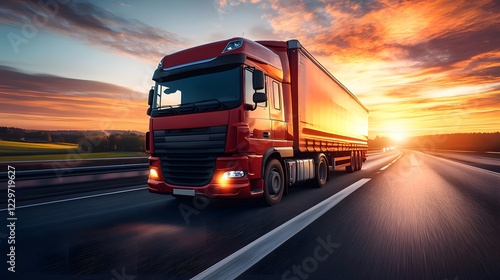 A dynamic shot of a red truck driving on a highway at sunset, showcasing the beauty of transportation. photo