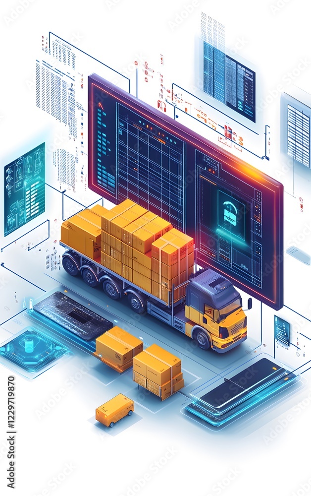 Obraz premium A digital illustration depicting a truck loaded with goods, symbolizing modern logistics and supply chain technology.