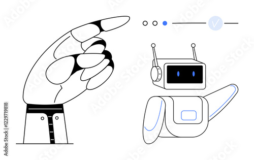 Robotic hand pointing at a robot with a screen for a face and an antenna on its head. Ideal for AI, robotics, technology, innovation, interaction design, futuristic concepts, teamwork. Line metaphor photo