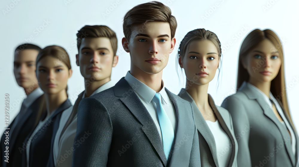 confident team of five young professionals in modern business attire. The group includes a central male figure with a light blue tie and women on either side confident team of five young professionals in modern business attire. The group includes a central male figure with a light blue tie and women on either side