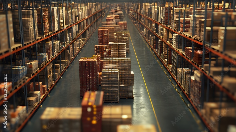 A vast warehouse filled with stacked boxes and pallets, showcasing an organized storage environment for efficient logistics. A vast warehouse filled with stacked boxes and pallets, showcasing an organized storage environment for efficient logistics.