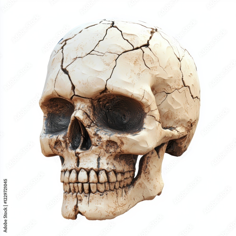 Obraz premium cracked skull with weathered details, symbolizing ancient remains, isolated on a bright white background