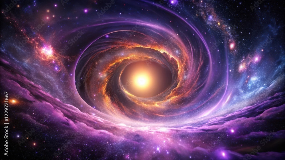 Fototapeta premium Cosmic Vortex Swirl - Dark purple vortex swirling through a broken cosmic background with shattered stars and galaxies, surrounded by a halo of shimmering light, cosmic destruction, celestial chaos