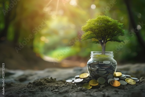 A tree grows on lots of coin in a glass jar, hopeful concept, charity concept