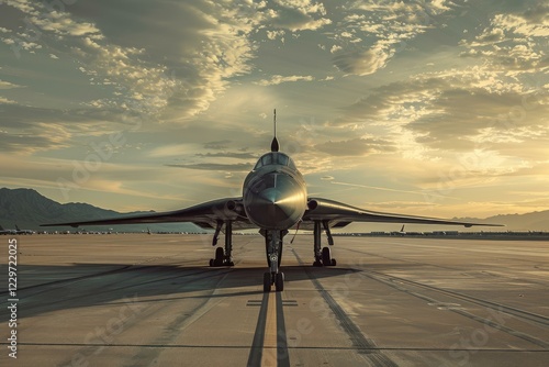 Powerful military aircraft standing on the tarmac under a dramatic sunset sky, showcasing its sleek design and advanced technology photo