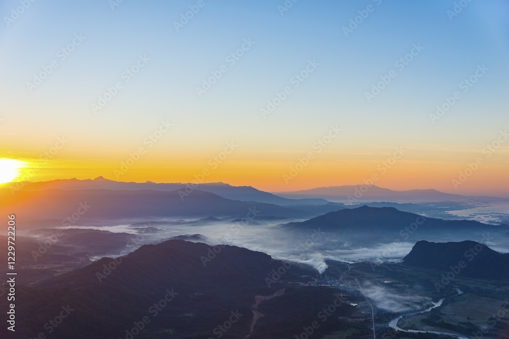 Karst mountains at sunrise, Vang Vieng, Vientiane, Laos, Asia Karst mountains at sunrise, Vang Vieng, Vientiane, Laos, Asia