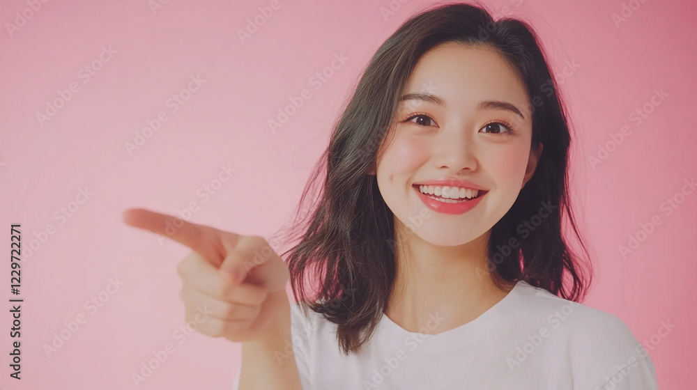 Smiling Asian Woman Pointing Happy Pink Background Studio Portrait Girl Face Cute Model Young Photo Smiling Asian Woman Pointing Happy Pink Background Studio Portrait Girl Face Cute Model Young Photo