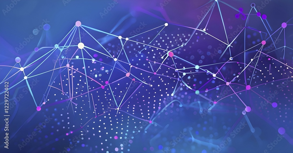 Obraz premium Artificial intelligence, lines, dots and pattern, vibrant blue and purple hues, abstract wallpaper illustration, AI generated