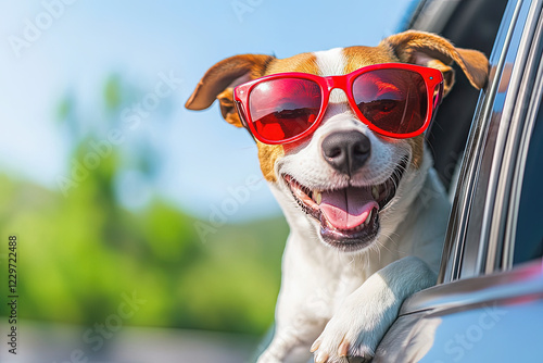 Lido cachorro de perro sonriendo con gafas de sol rojas, asomado dede una ventanilla bajada de un coche durante un viaje.Concepto vacaciones de verano, viajes, turismo photo