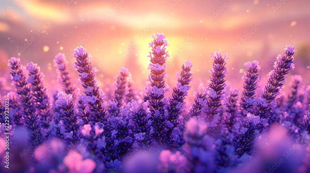 Obraz premium Vibrant lavender field at sunset with soft lighting effects
