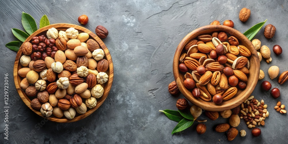 A delightful assortment of mixed nuts, artfully arranged in rustic wooden bowls, complemented by vibrant green leaves, creating a visually appealing and healthy snack composition. A delightful assortment of mixed nuts, artfully arranged in rustic wooden bowls, complemented by vibrant green leaves, creating a visually appealing and healthy snack composition.