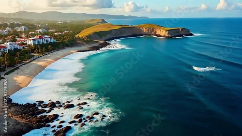 Aerial view of tropical coastline, turquoise ocean waves, rocky shore, sandy beach, coastal town, lush green hills, dramatic cliffs, sunny day, fluffy clouds, island landscape, paradise 
