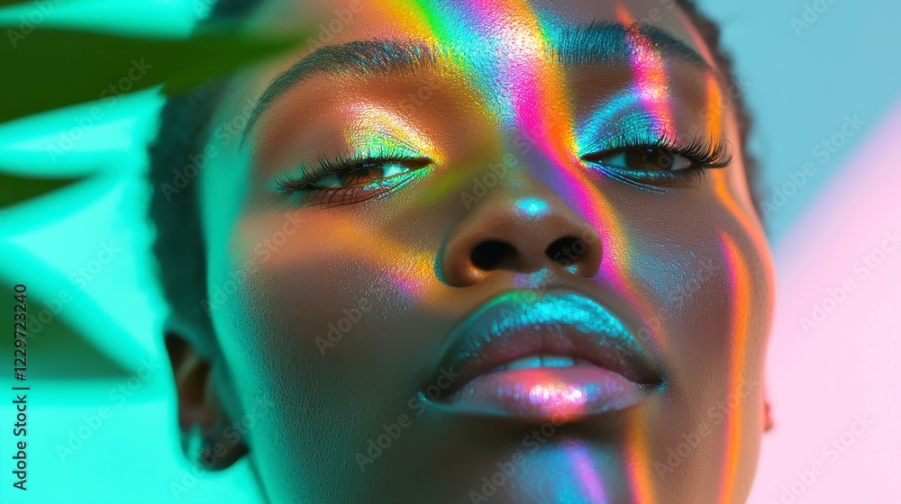 Shimmering Spectrum Jungle, vibrant colors envelop a Black woman amidst surreal trees, a magical atmosphere filled with enchanting hues and captivating beauty. Shimmering Spectrum Jungle, vibrant colors envelop a Black woman amidst surreal trees, a magical atmosphere filled with enchanting hues and captivating beauty.