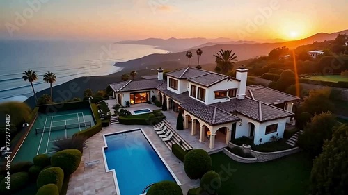 Luxurious coastal mansion, aerial view, infinity pool, ocean sunset, Mediterranean architecture, palm trees, cliffside property, panoramic vista, golden hour lighting, 