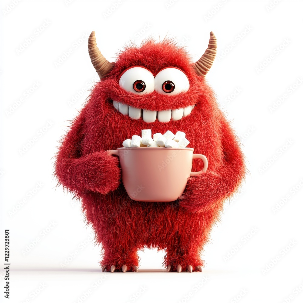 fluffy red monster with tiny horns, holding a cup of hot chocolate with marshmallows, centered on a clean white background fluffy red monster with tiny horns, holding a cup of hot chocolate with marshmallows, centered on a clean white background