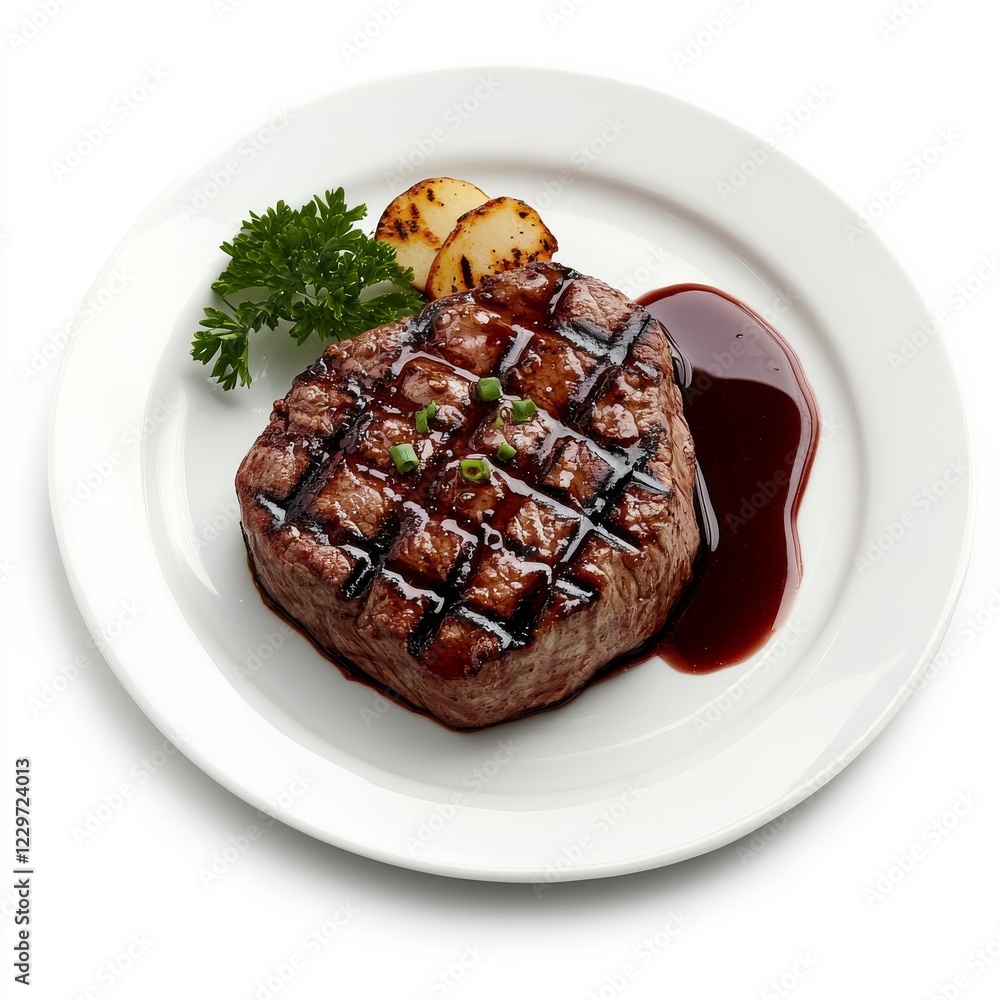A plate of tender grilled filet mignon with a red wine reduction, isolated white background, classic realism art style A plate of tender grilled filet mignon with a red wine reduction, isolated white background, classic realism art style