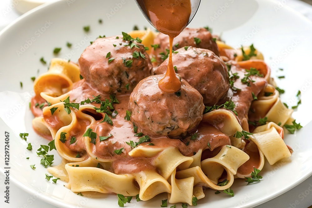 A photo of a plate of pasta topped with meatballs A photo of a plate of pasta topped with meatballs