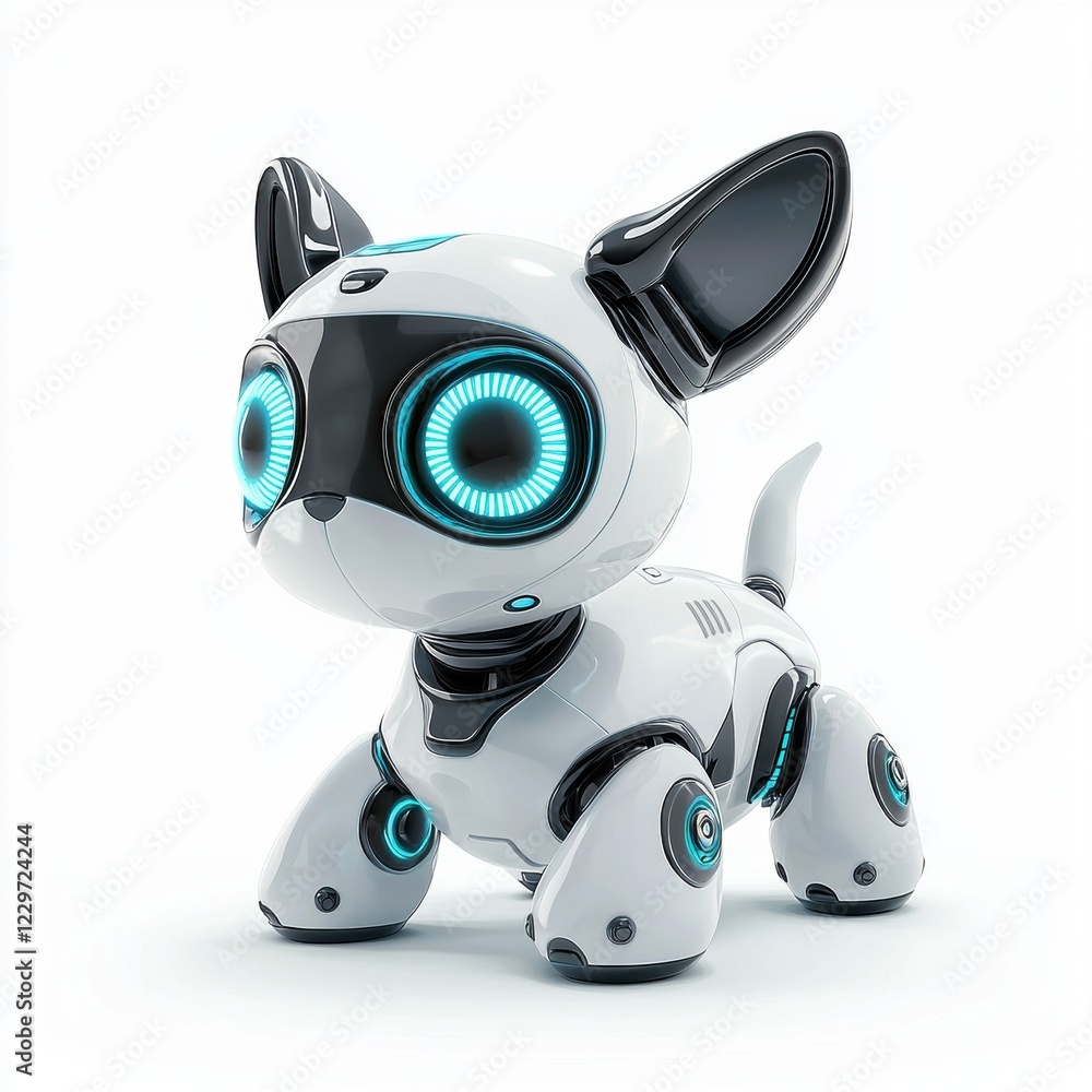 friendly robot pet resembling a dog, with LED eyes and playful animations, placed on a clean white background friendly robot pet resembling a dog, with LED eyes and playful animations, placed on a clean white background