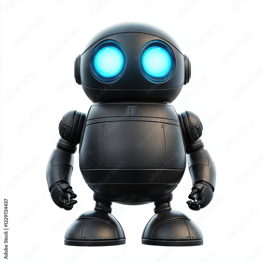 friendly robot with a round body and blue glowing eyes, isolated on a clean white background friendly robot with a round body and blue glowing eyes, isolated on a clean white background