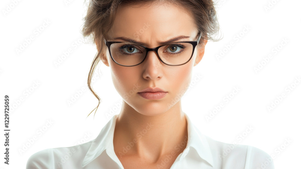 Confident woman with glasses displaying a serious expression in a bright indoor setting Confident woman with glasses displaying a serious expression in a bright indoor setting