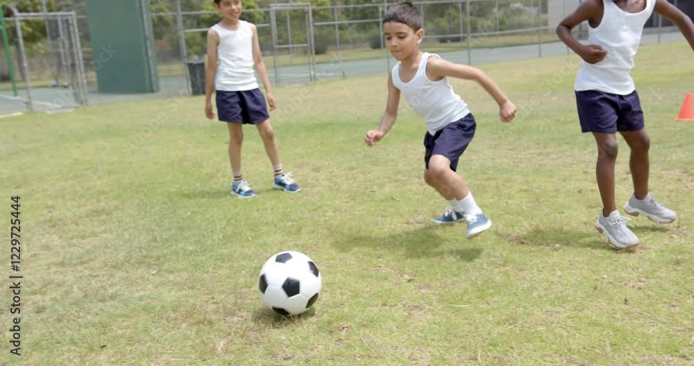 Playing soccer, three boys in school uniform enjoying outdoor activity on field Playing soccer, three boys in school uniform enjoying outdoor activity on field