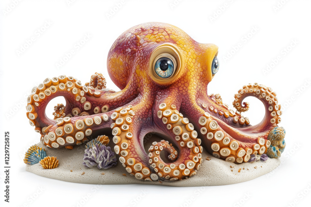 Obraz premium Large orange octopus figurine on sandy base, with coral.
