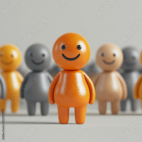 Happy orange figure stands out among a crowd of gray and beige figures. photo