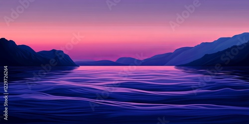 A breathtaking view of a tranquil lake at sunset, showcasing vibrant purple and pink hues with mountains in the background.