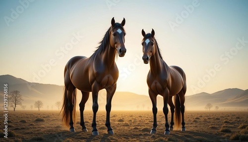 Two bay horses at sunrise in a field