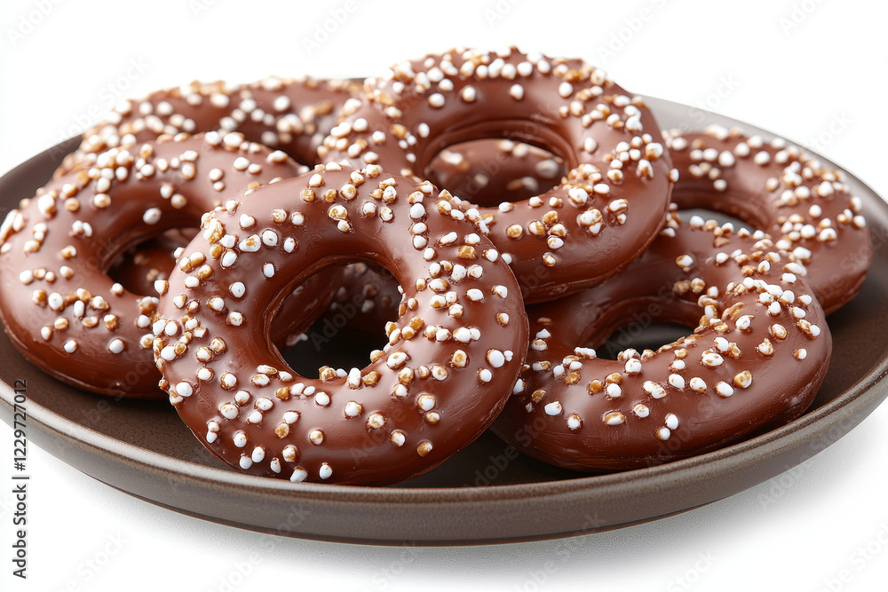 Chocolate ring donuts with sprinkles on a dark plate. Chocolate ring donuts with sprinkles on a dark plate.