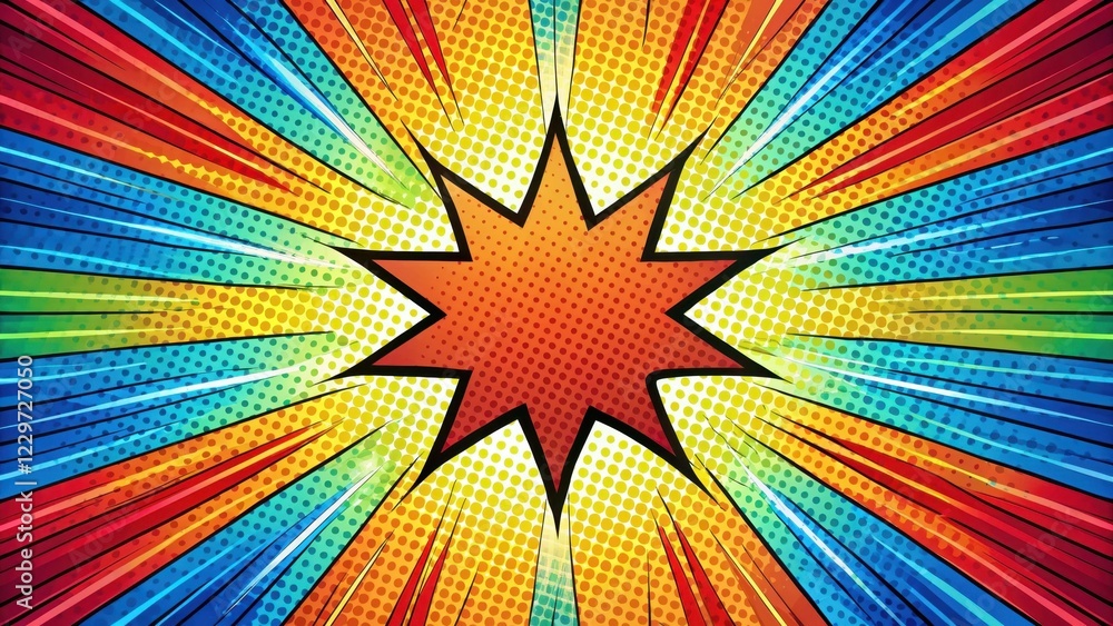 Fototapeta premium Colorful comic book-inspired background with a radial design featuring bold shapes and patterns , illustration, creative backdrop