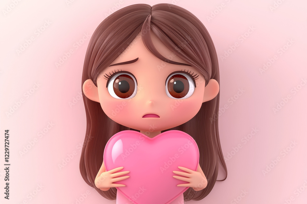 Sad girl holding pink heart 3D rendering Cute cartoon. Sad girl holding pink heart 3D rendering Cute cartoon.