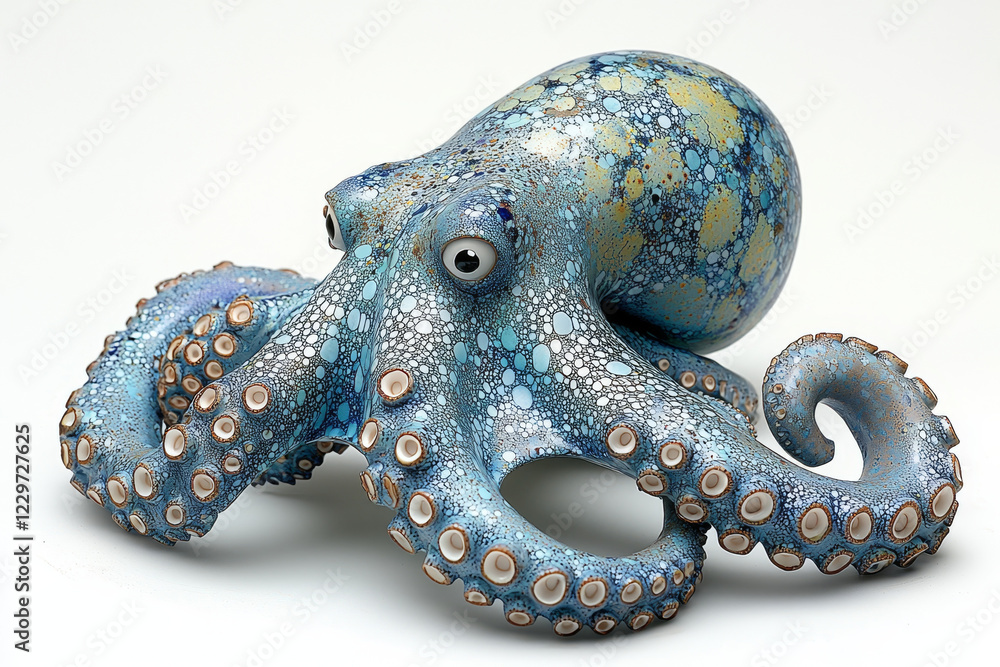 Obraz premium Blue ceramic octopus sculpture, speckled with white and gold, detailed tentacles.